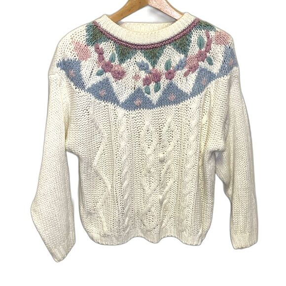 Vintage 80s Needles & Yarn Ivory Cable Knit Floral Yoke Crewneck Sweater Size M - Picture 3 of 13